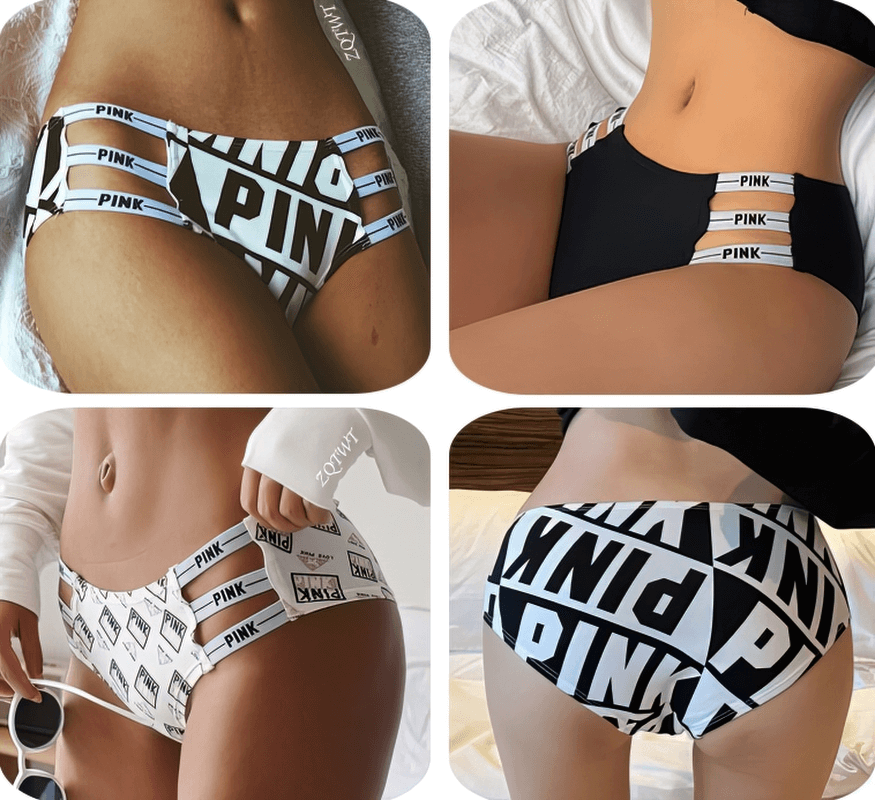 Sexy sports women's briefs with side stripes and letter pattern in various poses, showcasing low-rise design and comfortable fit.